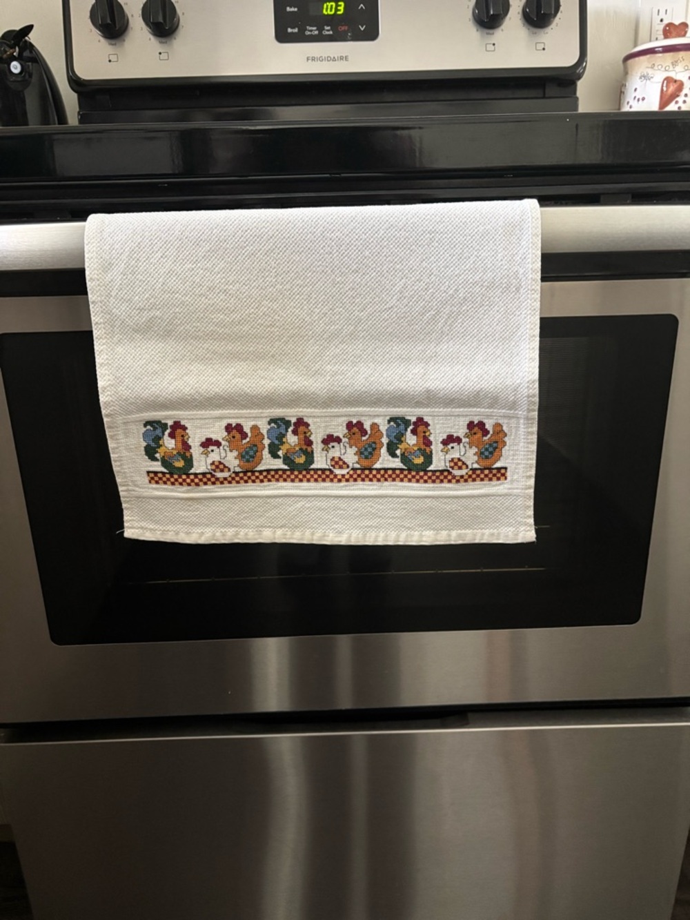 White Kitchen Hand Towel with Colorful Rooster Cross-Stitch